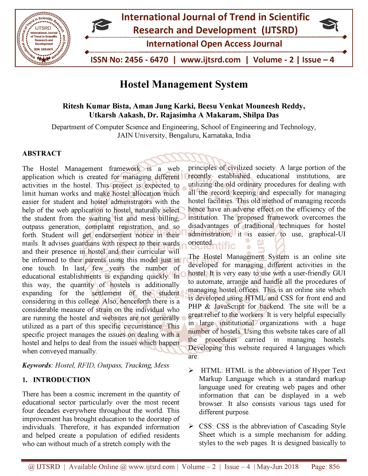 research paper on hostel management system