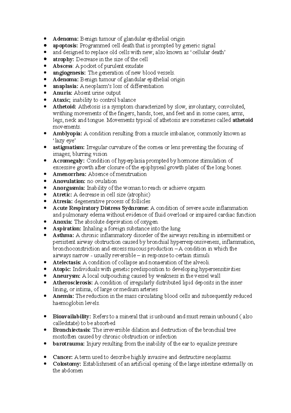 Terminology alphabetical Adenoma Benign tumour of glandular