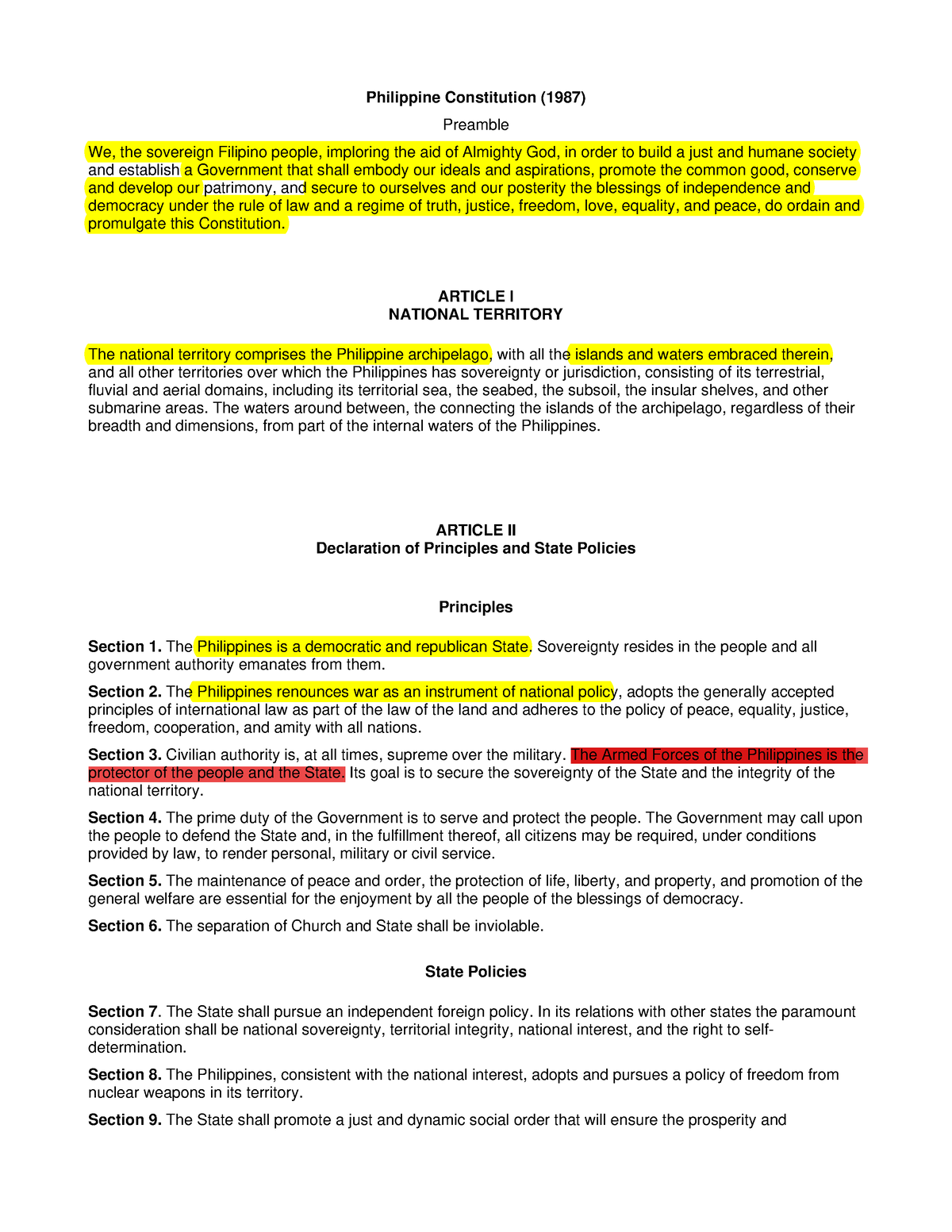 1987 Philippine Constitution hightlight - Philippine Constitution (1987 ...
