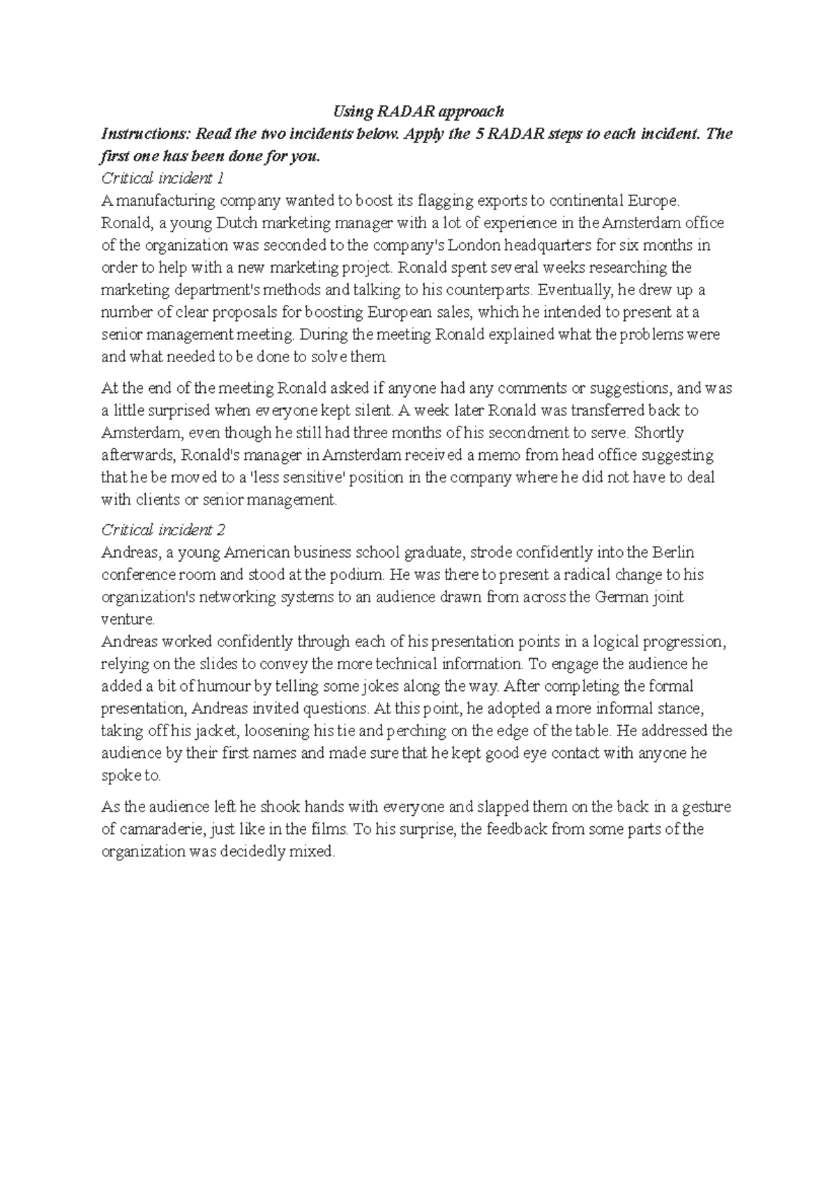 Activity 4 Radar handout Using RADAR approach Instructions Read the