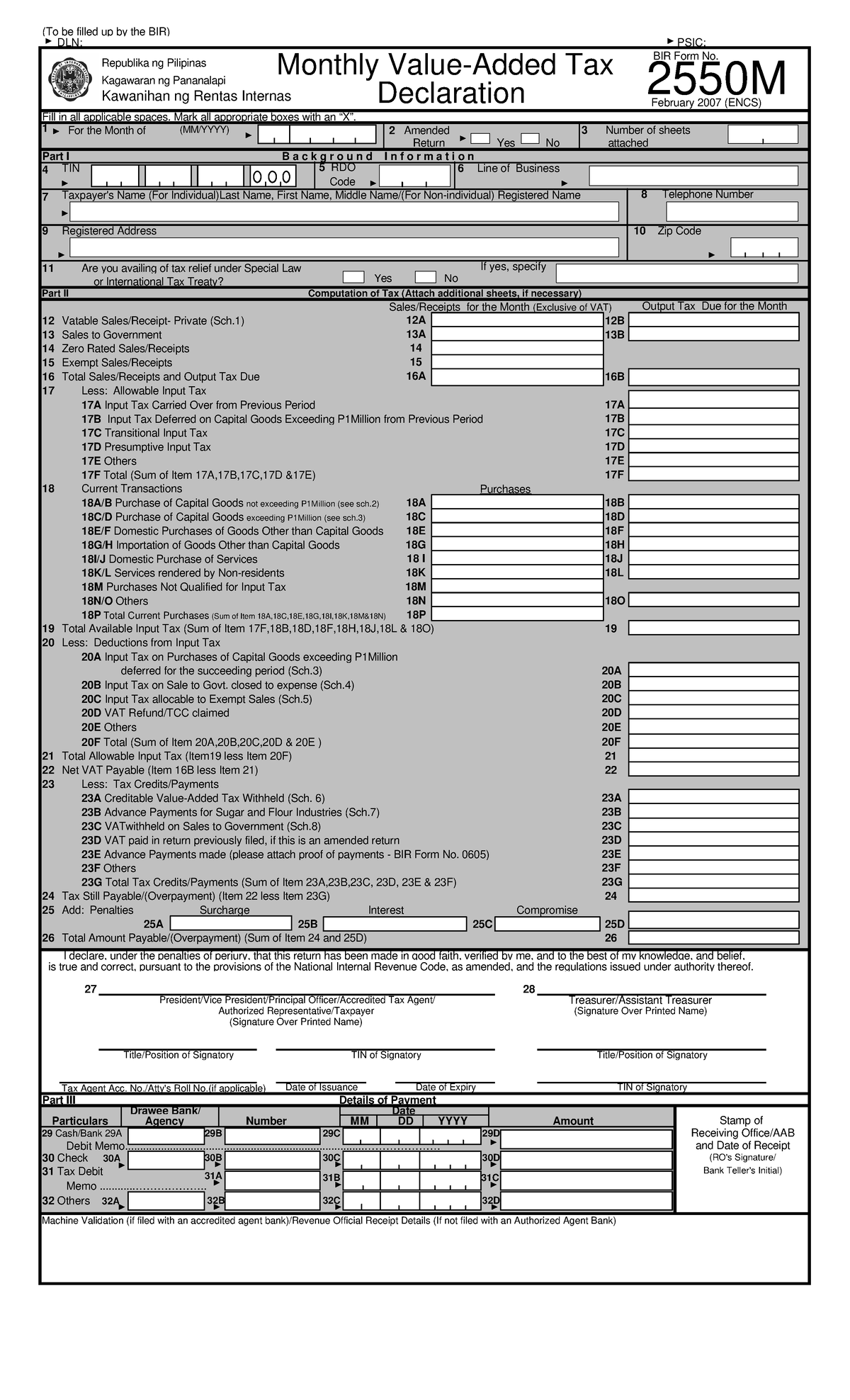 BIR Form 2550M Monthly VAT Declaration - (To be filled up by the BIR ...