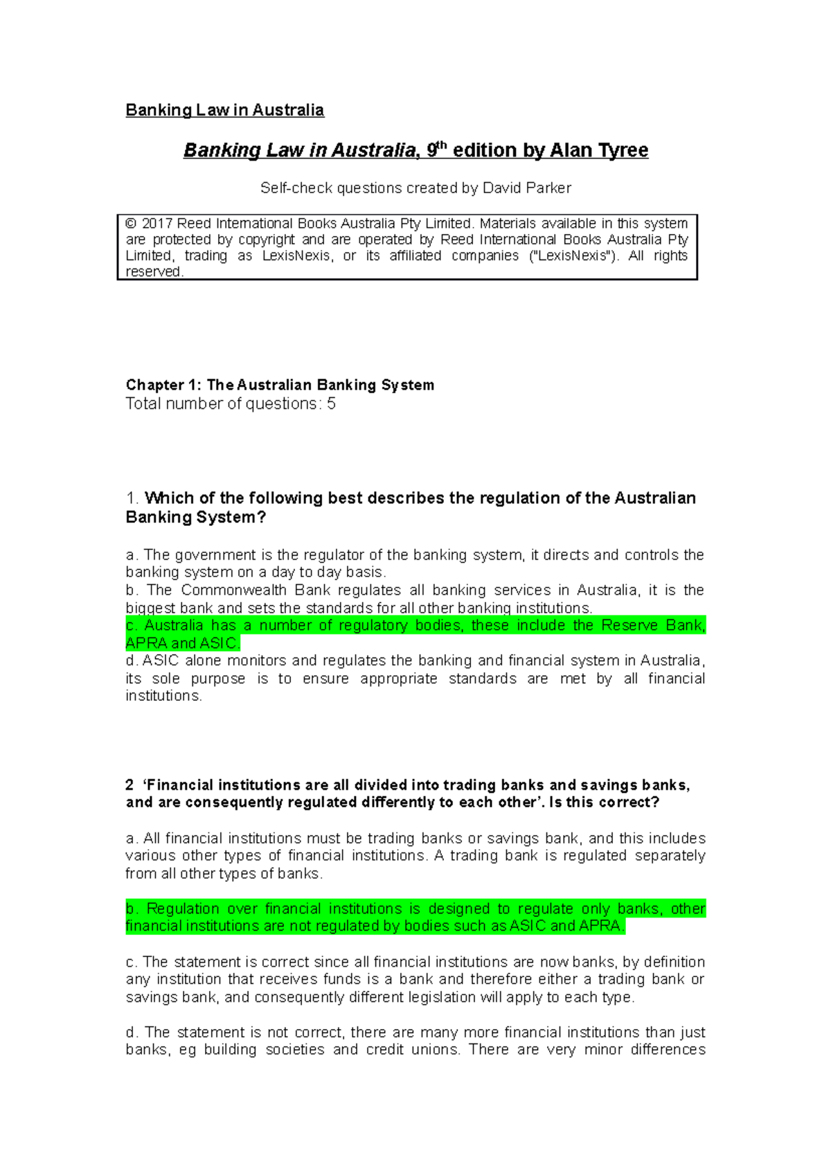 Banking Law Session 1 Quiz 1 ECON30005 Unimelb Studocu