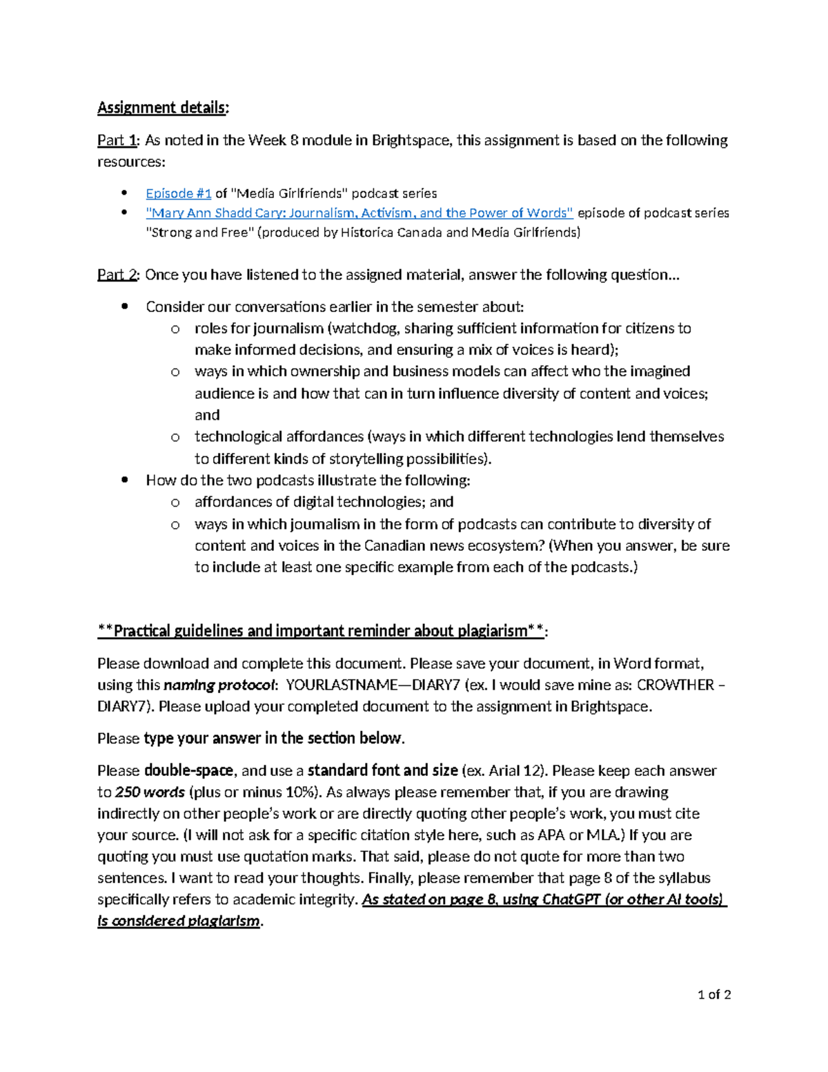 Diary #7 Assignment details and template - Assignment details: Part 1 ...