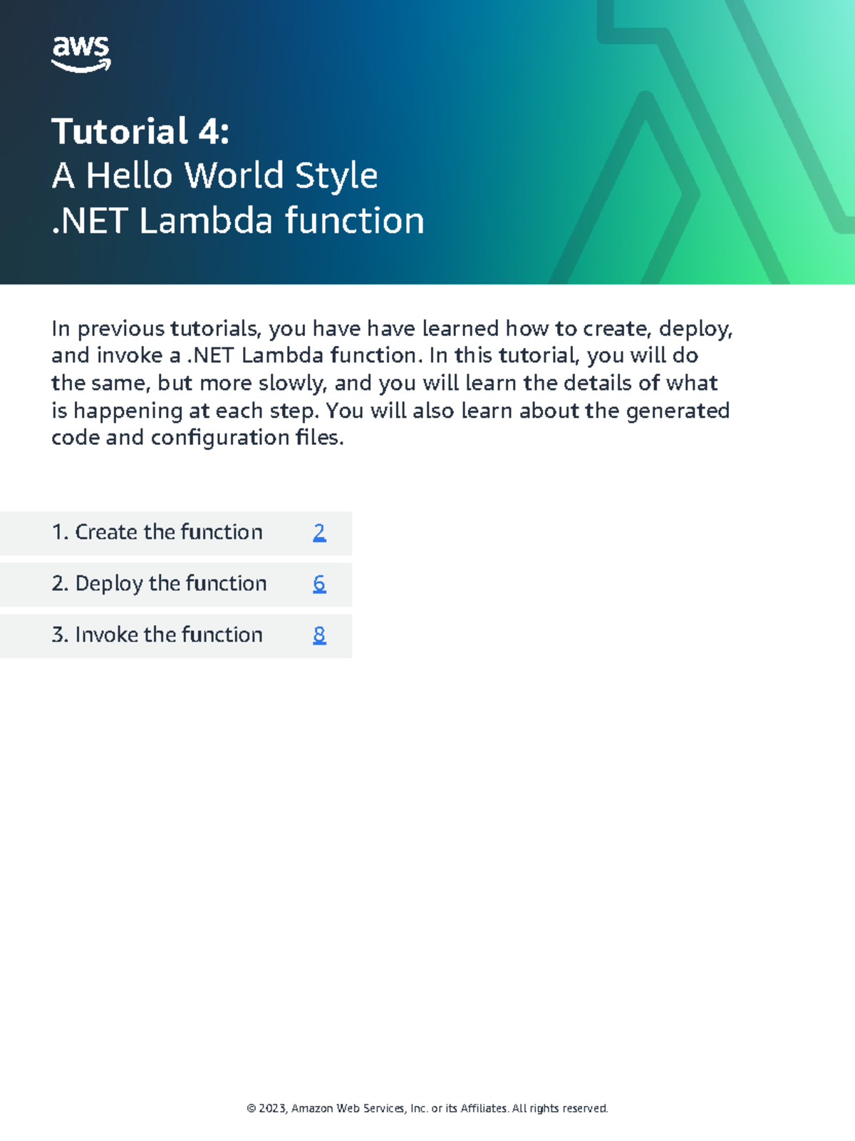 Tutorial 4 - A Hello World Style .NET Lambda Function - © 202 3 ...