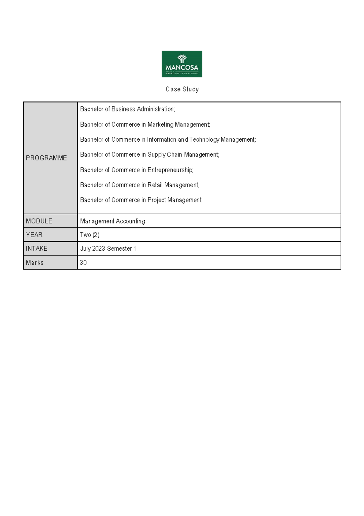 Case Study Management Accounting Y2S1 05.10.2023 - Case Study PROGRAMME ...