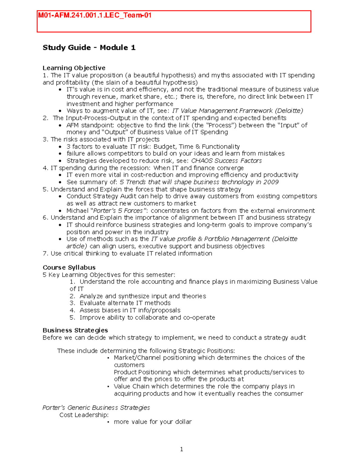 M01 - Module 1 Assignment - Study Guide - Module 1 Learning Objective ...