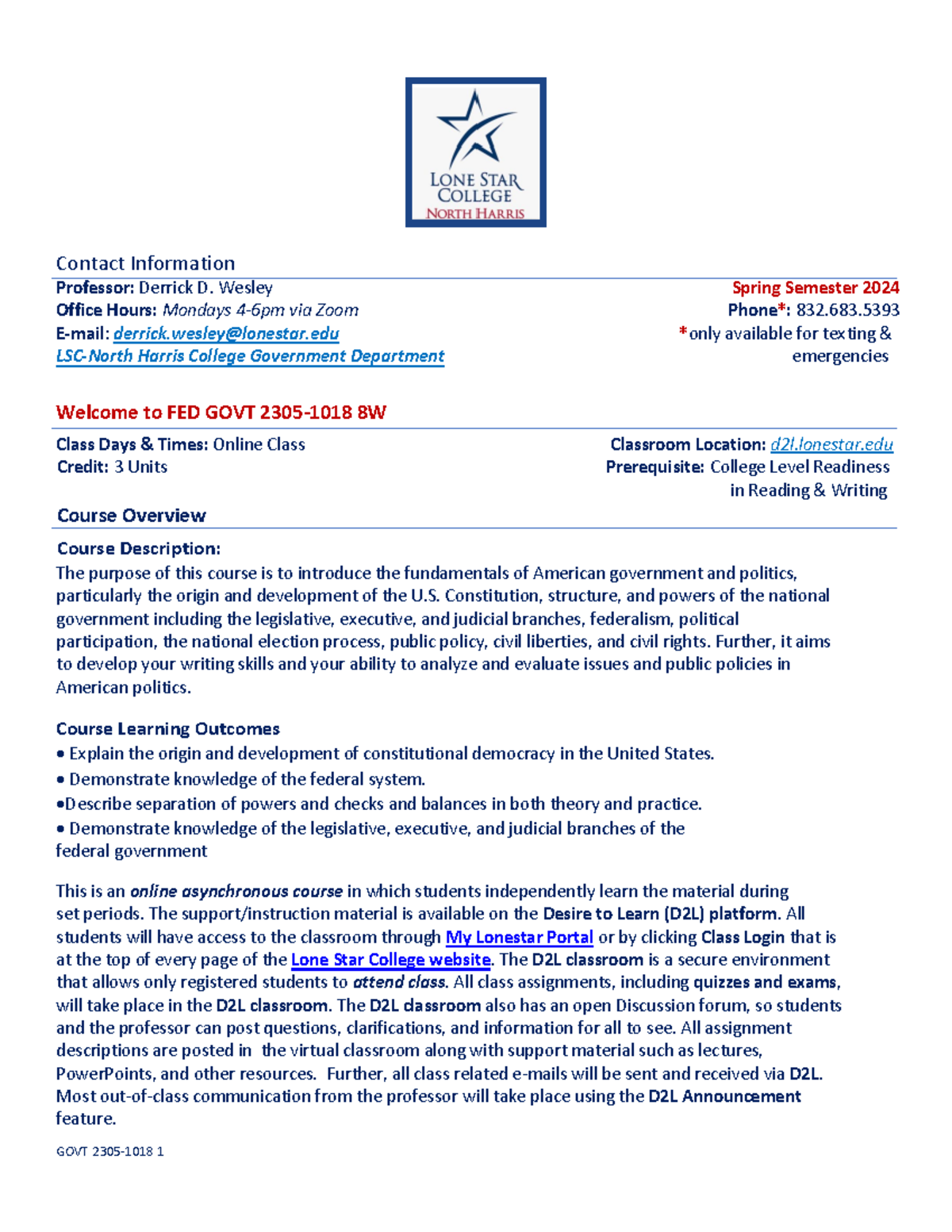 Federal GOVT 2305-1018 Spring TERM 8WK 2024 Syllabus - Contact ...