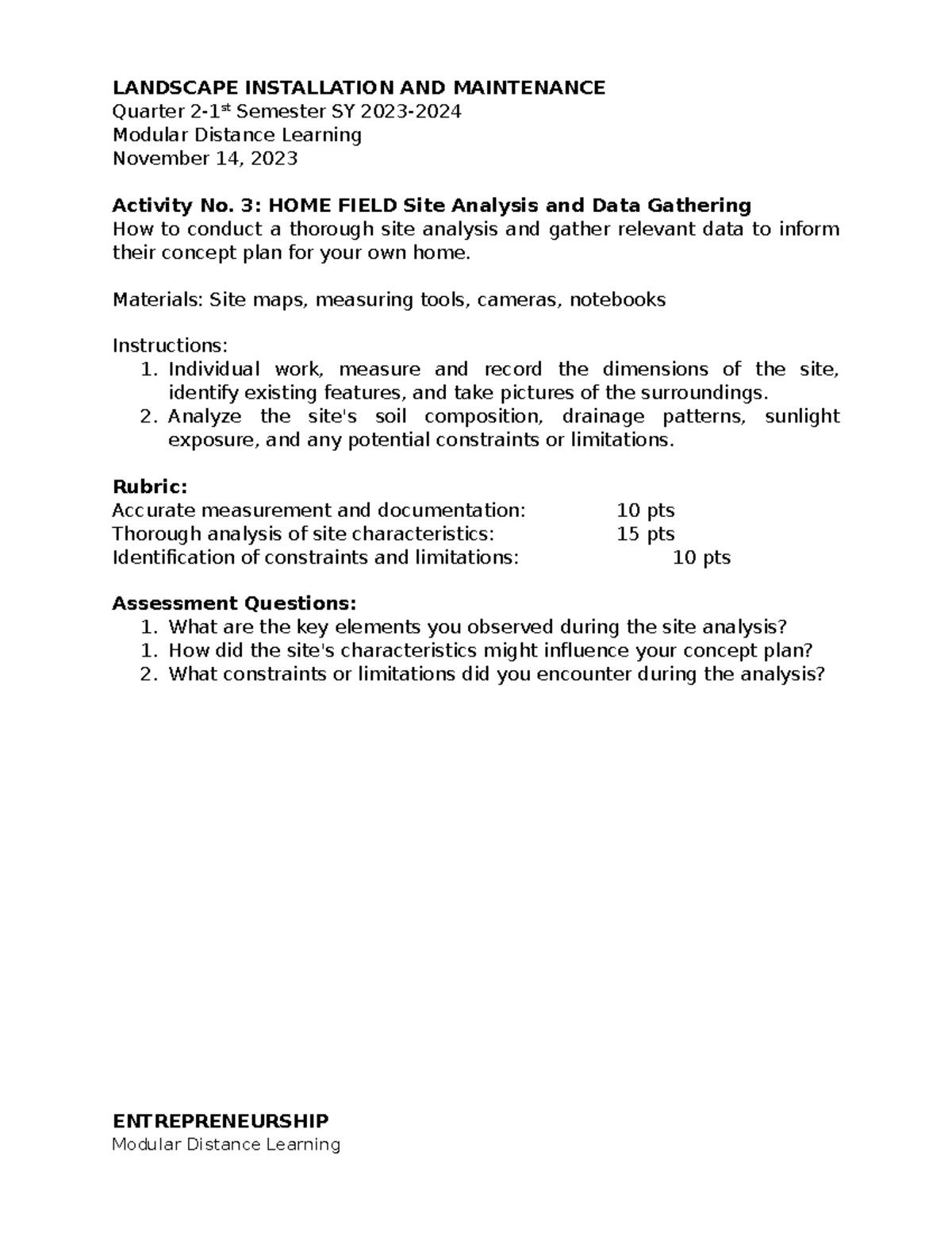 LIM Activity for mdl - LANDSCAPE INSTALLATION AND MAINTENANCE Quarter 2 ...