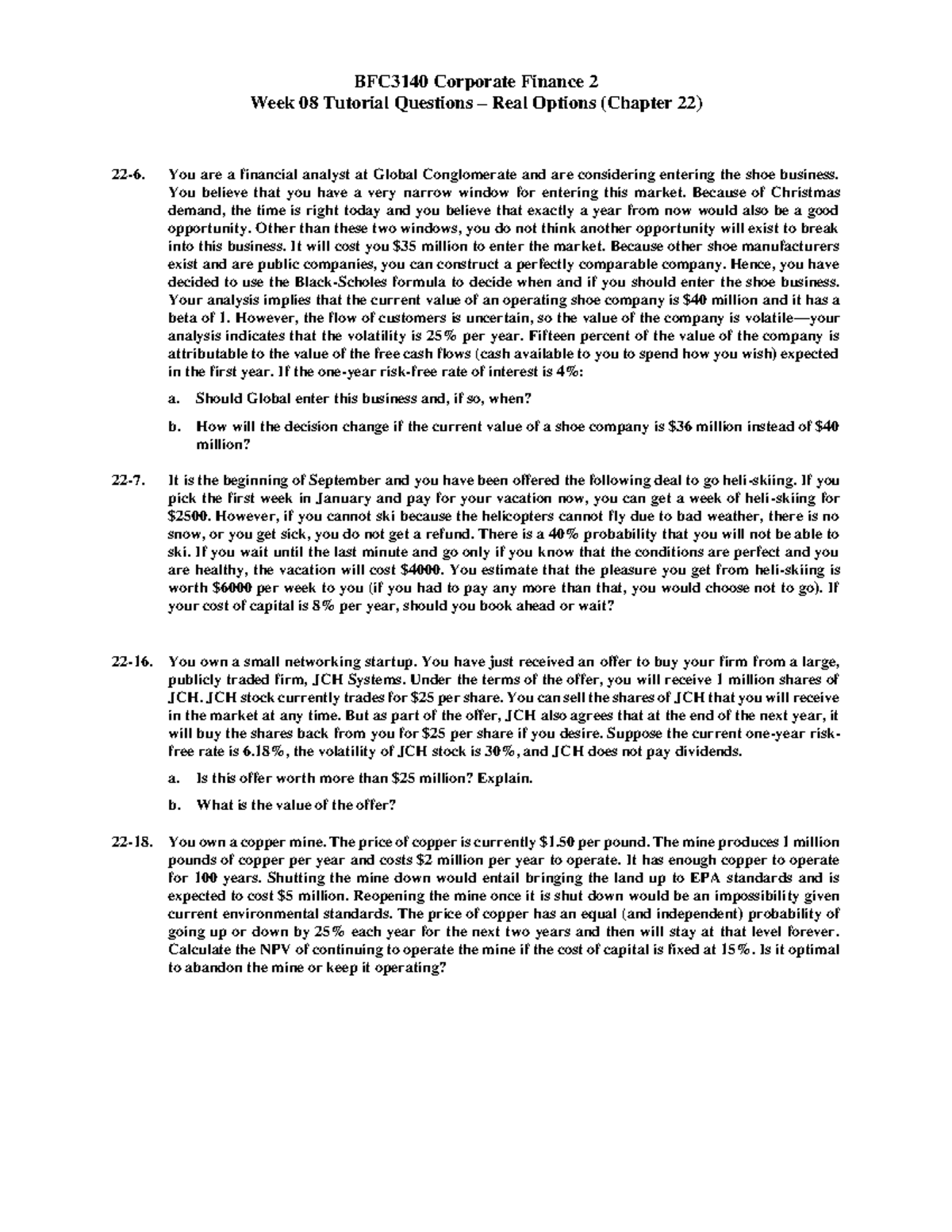 T8 Real Options - BFC3140 Corporate Finance 2 Week 0 8 Tutorial ...