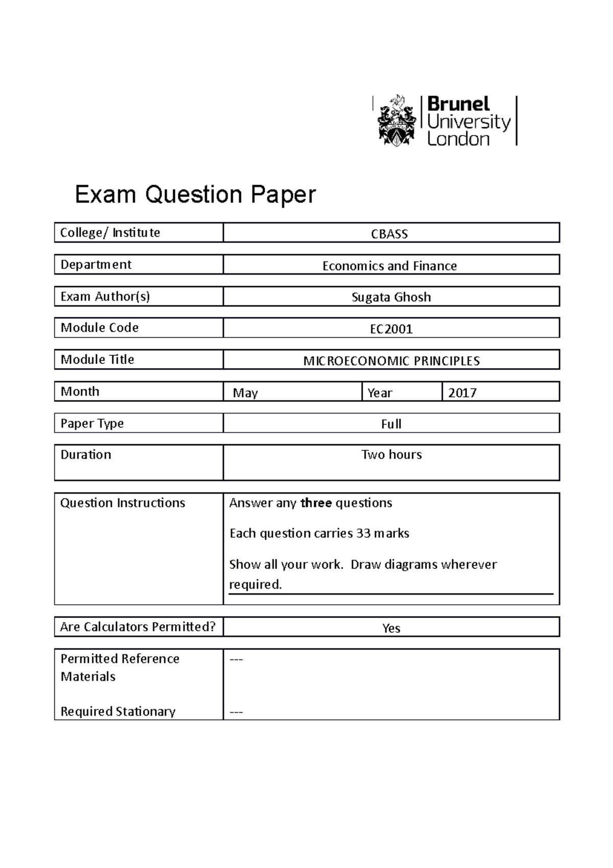 Exam 13 May 2017, questions Exam Question Paper College/ Institute