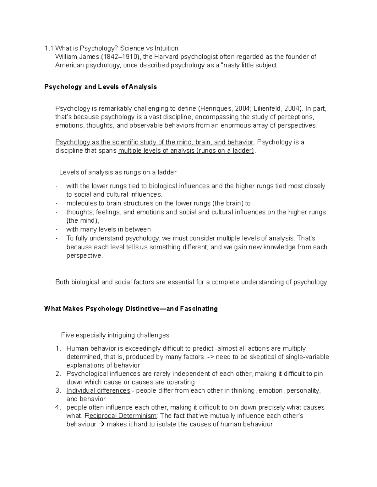 PSYC 104 Chapter 1 note - note - 1 What is Psychology? Science vs ...