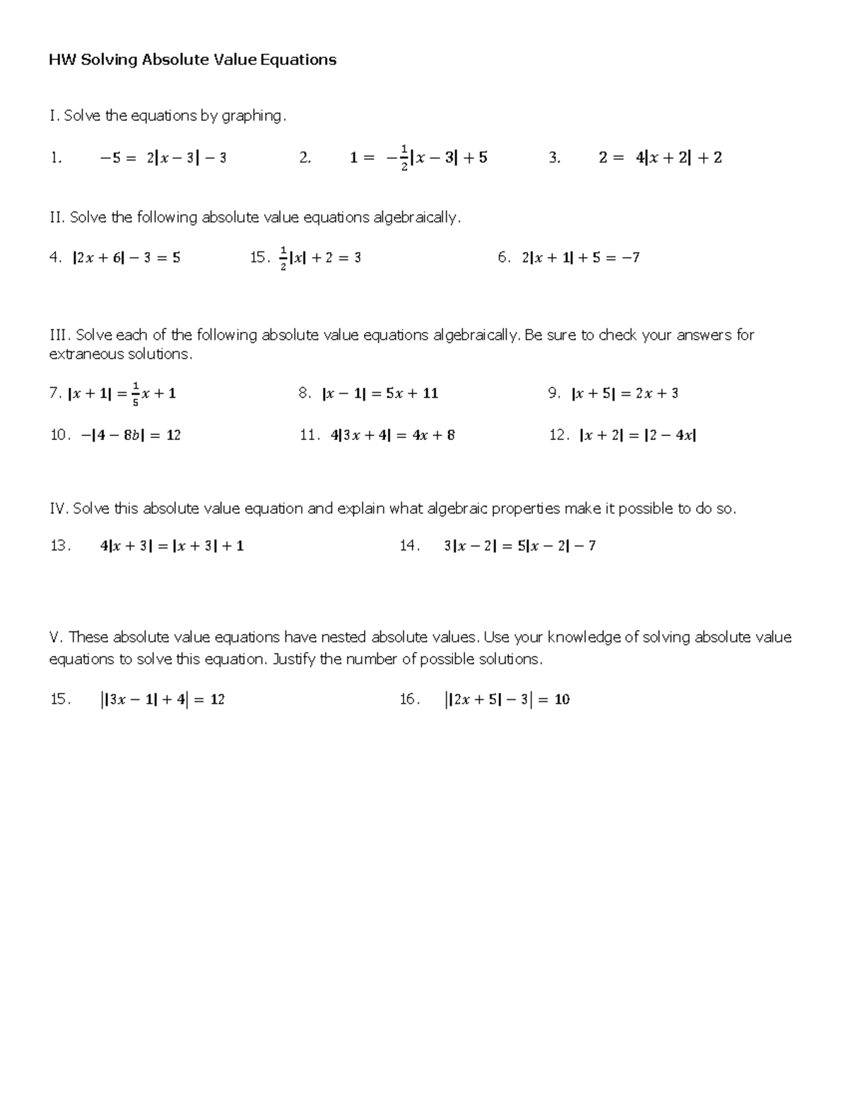 1B.7 HW Solving Absolute Value Equations-1 - HW Solving Absolute Value ...