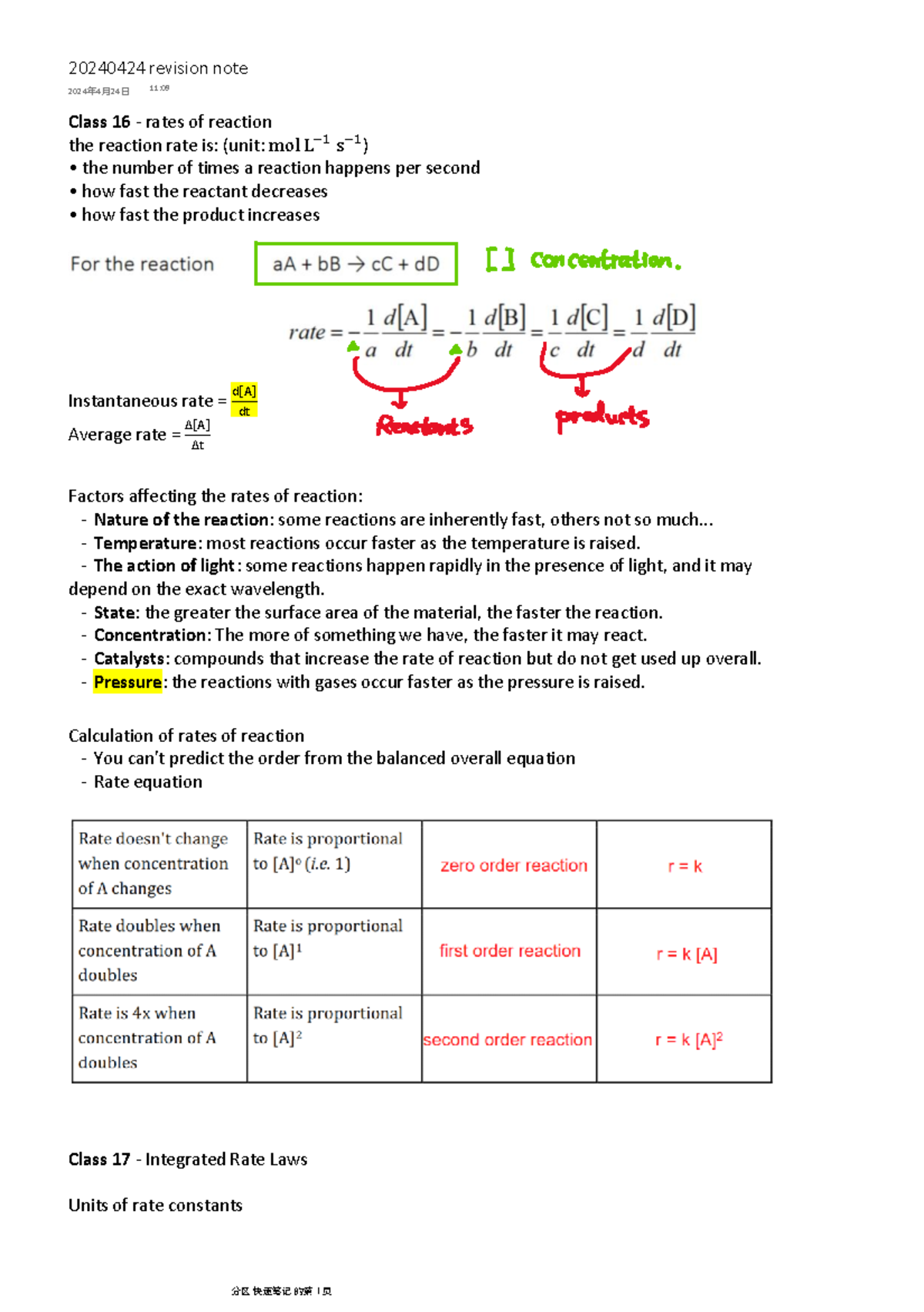 20240424 revision note - Class 16 - rates of reaction the reaction rate ...