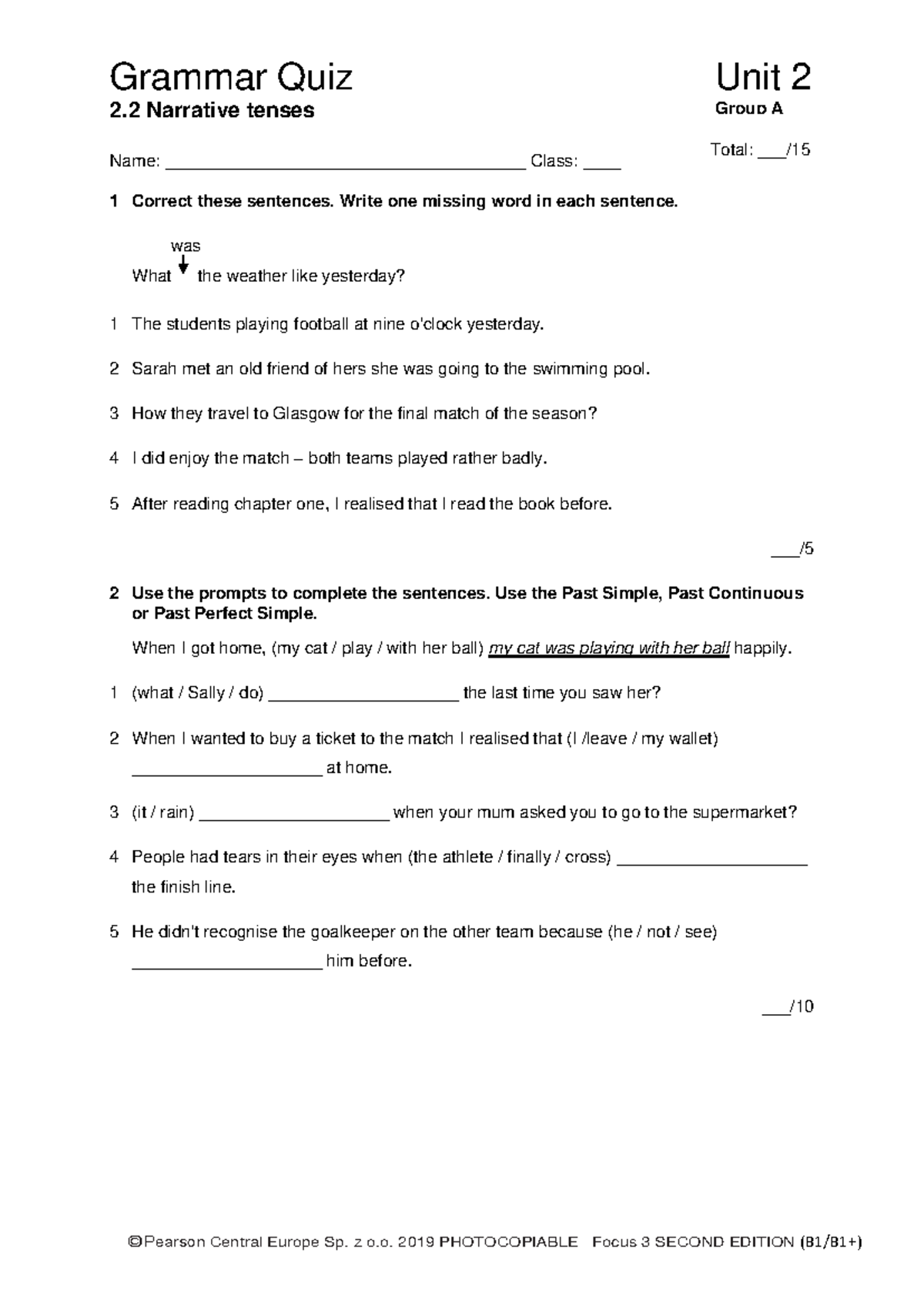 Focus 3 2E Grammar Quiz Unit2.2 Group A - Grammar Quiz Unit 2 2 .2 ...