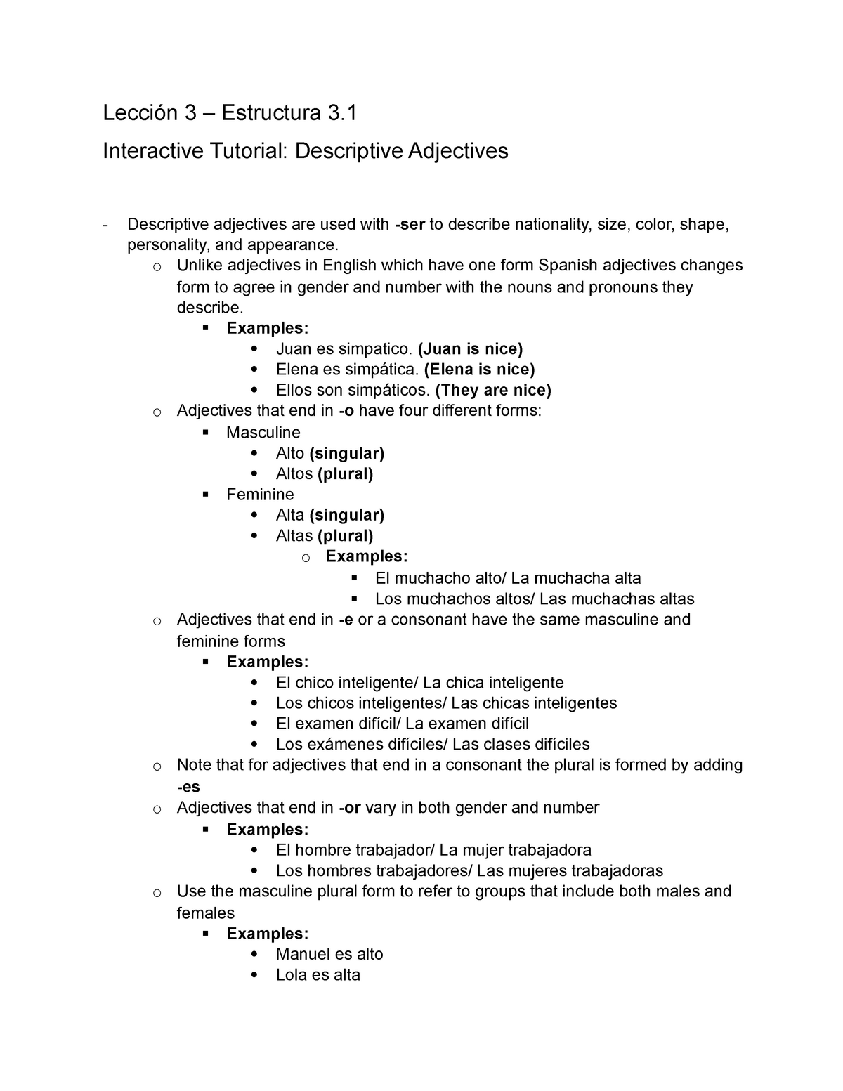 Lecci n 3 Estructura 3 1 Tutorial Notes On Descriptive Adjectives In Spanish Lecci n 3