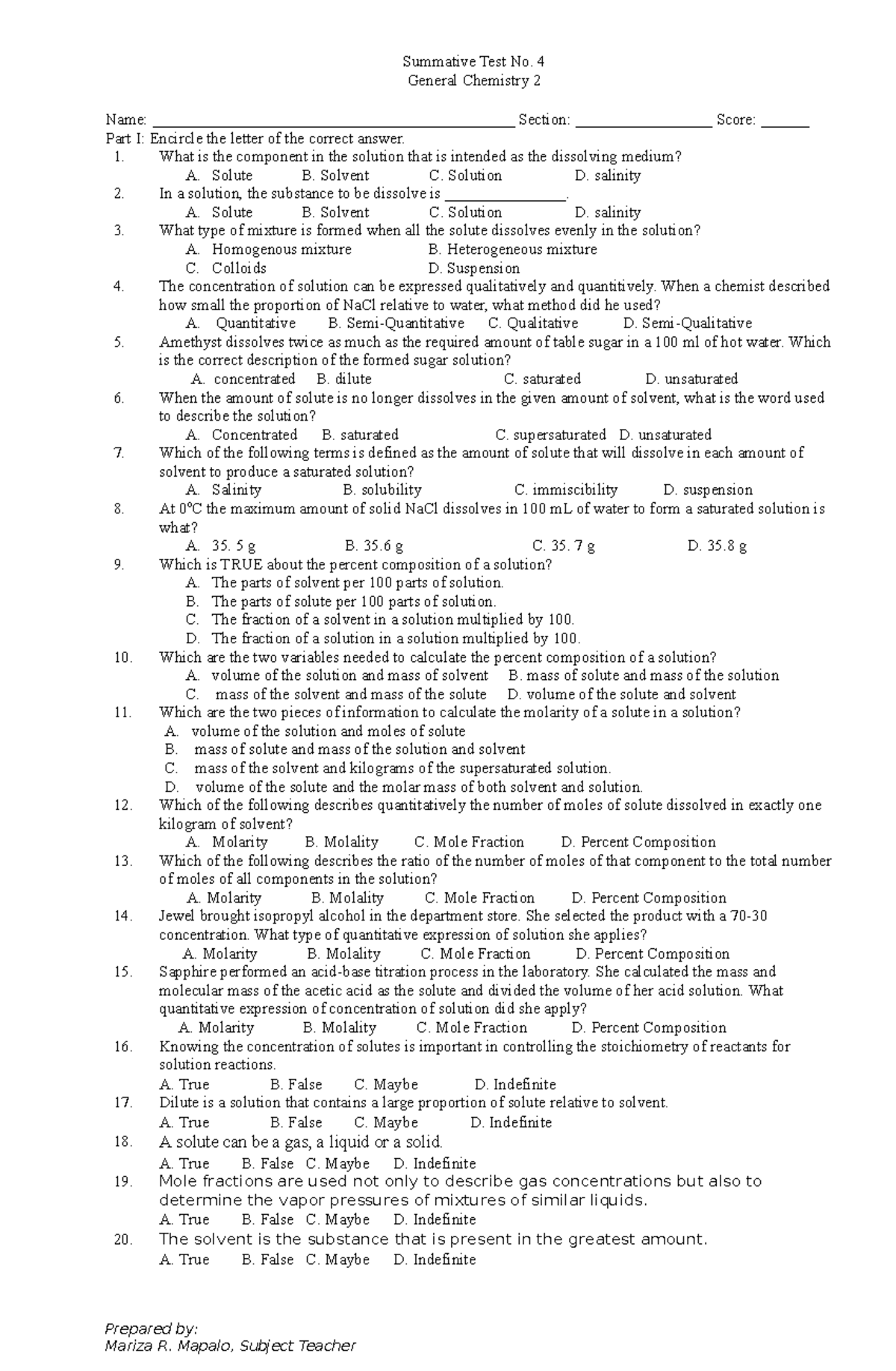 Q3 ST4 Genchem 2 - Summative Test No. 4 General Chemistry 2 Name: - Studocu