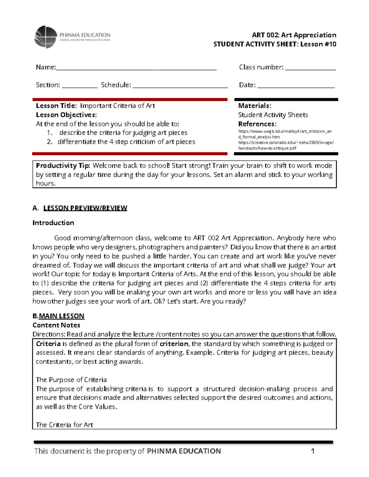 ART 002- Lesson 10 SAS - Education - STUDENT ACTIVITY SHEET: Lesson ...