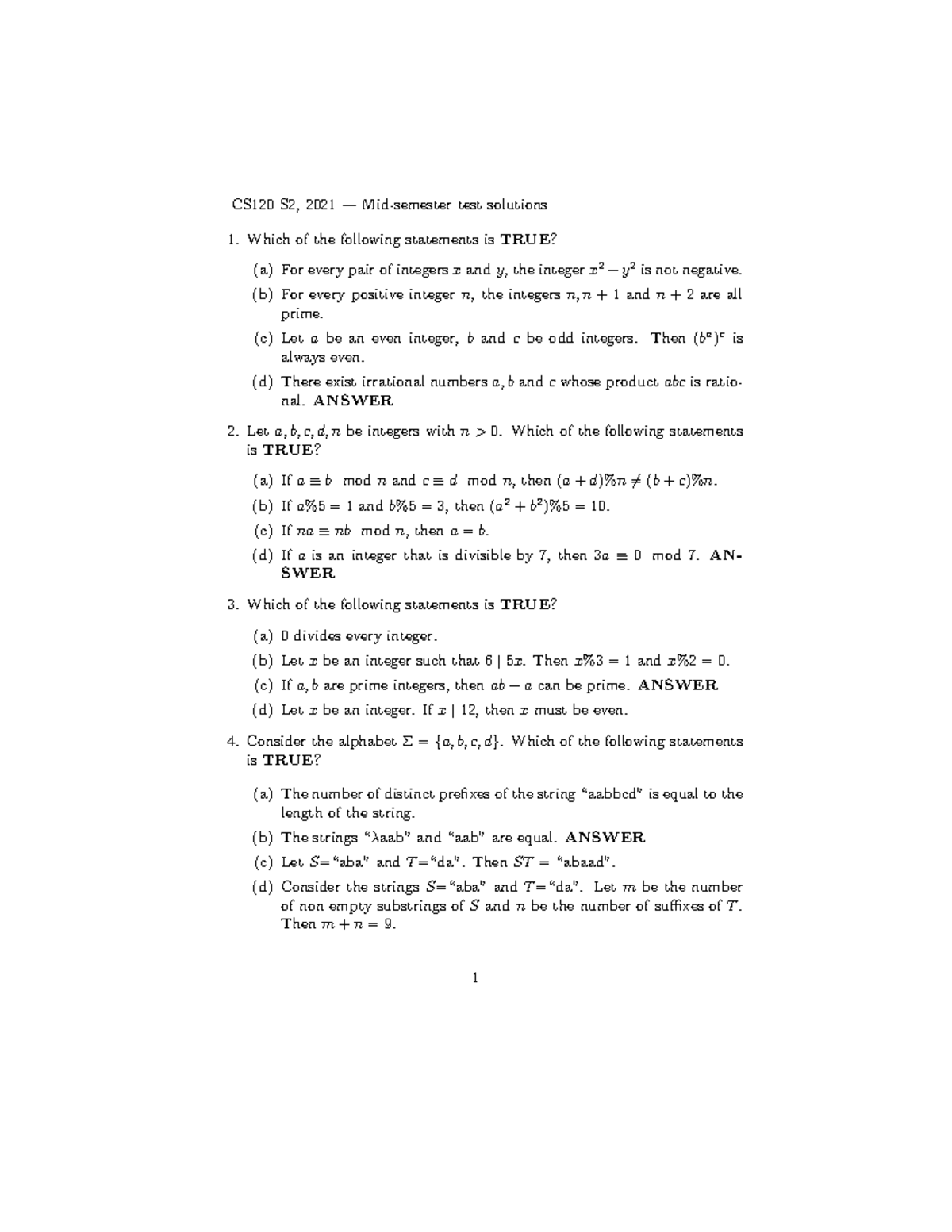 Compsci 120 S2 2021 Test Solutions - CS120 S2, 2021 — Mid-semester Test ...