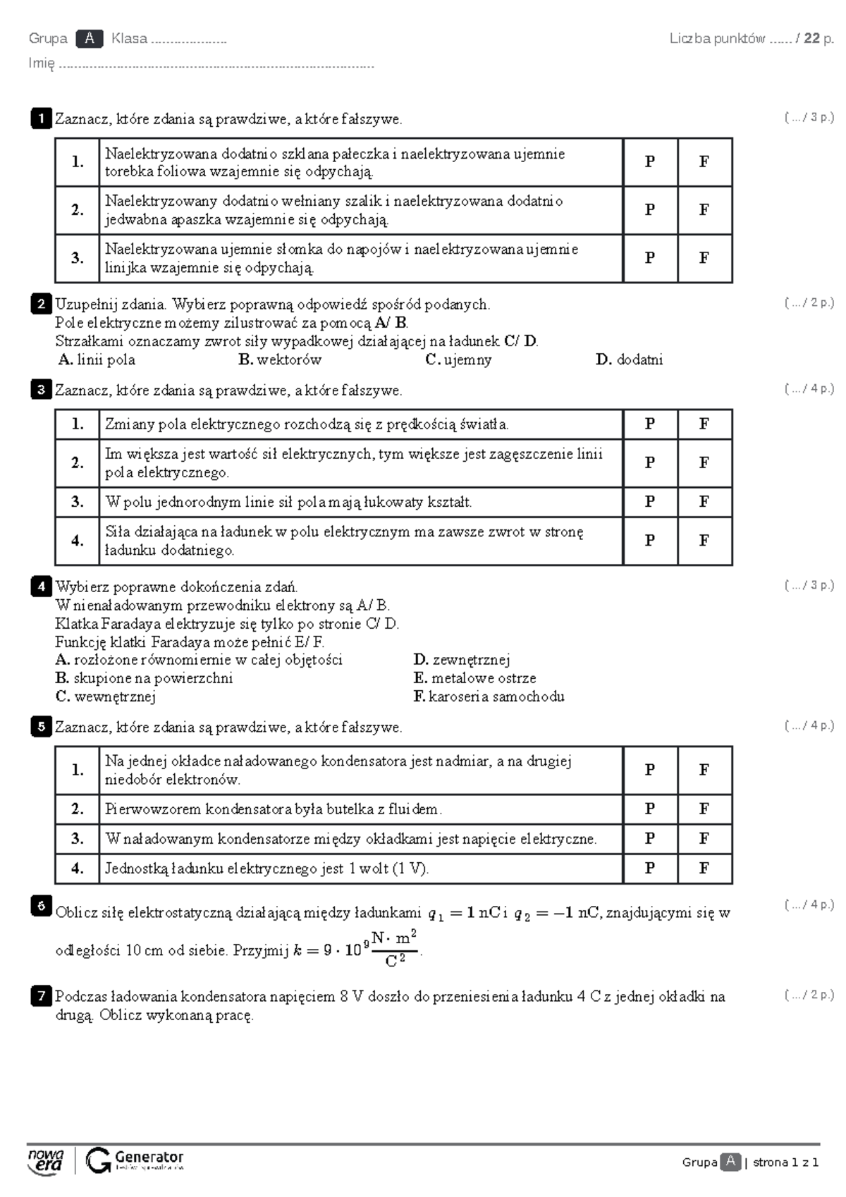 Odkryć Fizykę 2 ZP 1. Elektrostatyka Test 1 - Grupa A | Strona 1 Z 1 ...