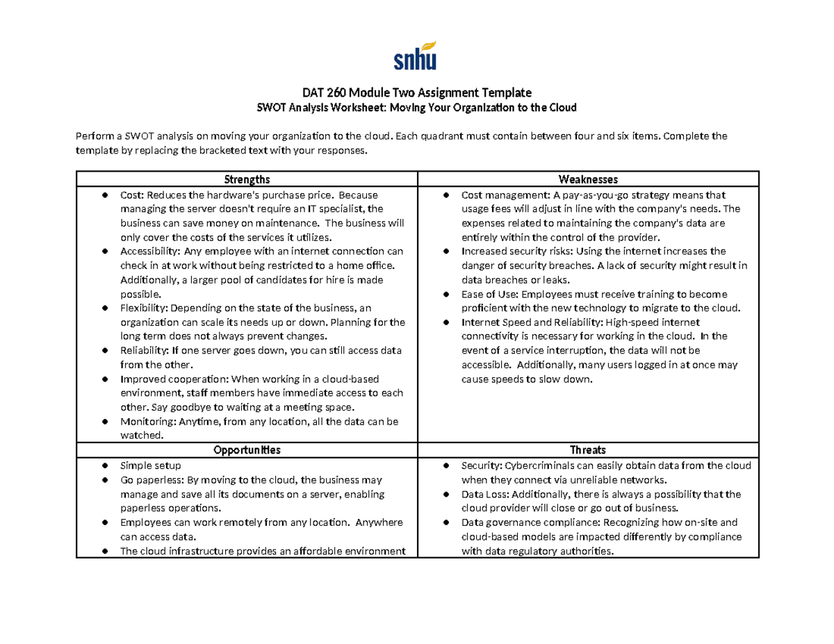 Sharp DAT 260 Module Two Assignment - Each quadrant must contain ...