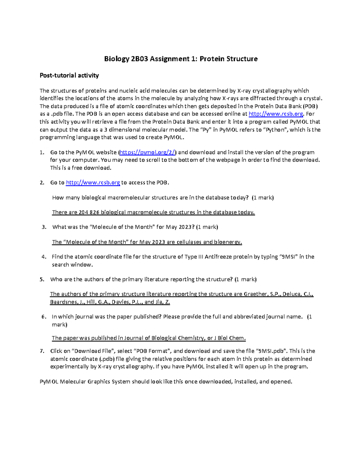 Bio 2B03 Assignment 1 - Protein Structure - Biology 2B03 Assignment 1 ...