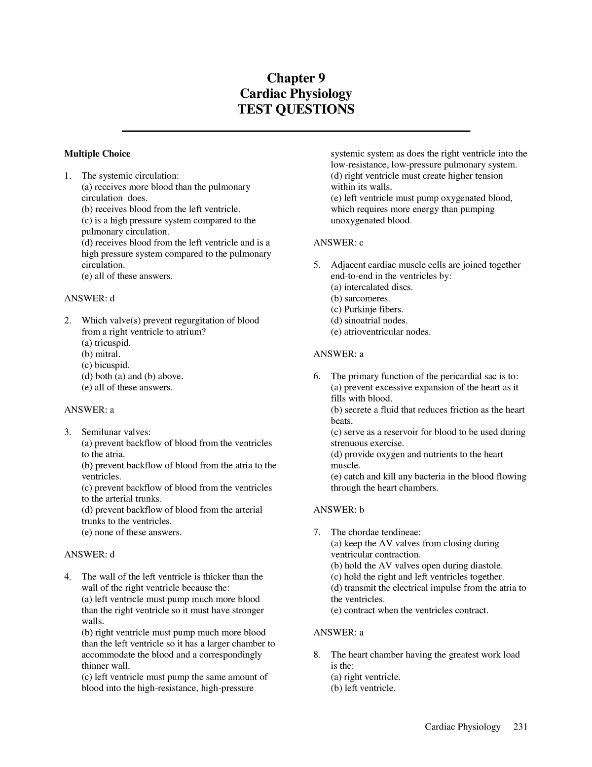 Cardiac Physiology - Multiple Choice, True Or False And Fill In ...