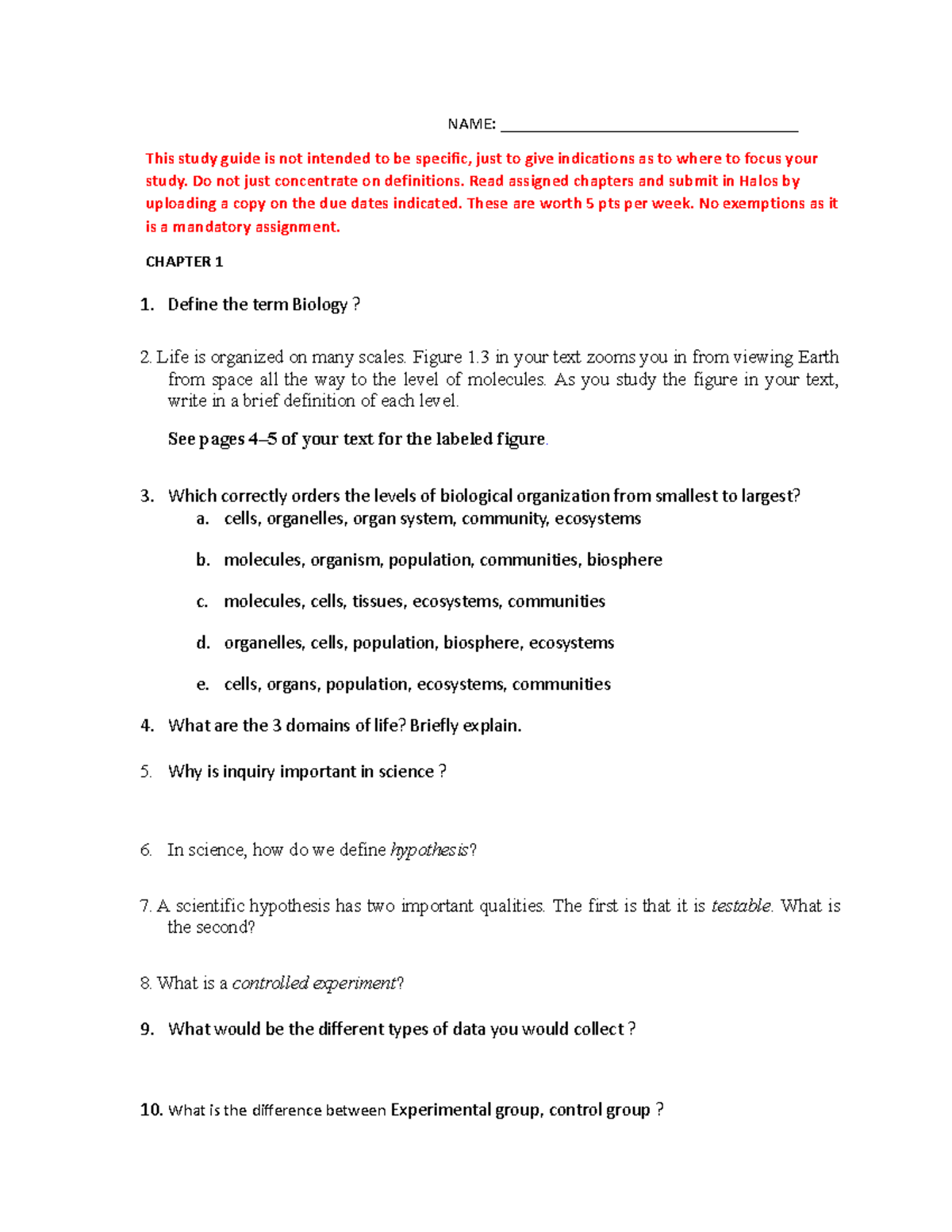 BIO 181-Study Guide-Week 1-Chapter 1 and 2 - NAME ...