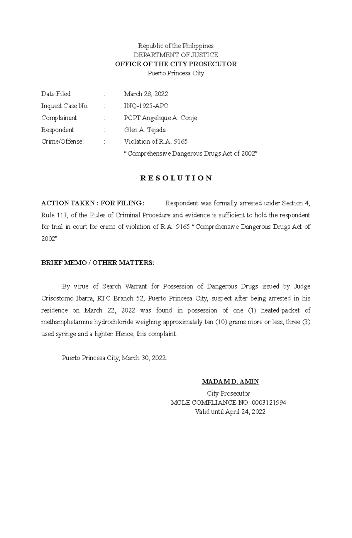 4. Resolution On The Inquest Proceedings - Republic Of The Philippines 