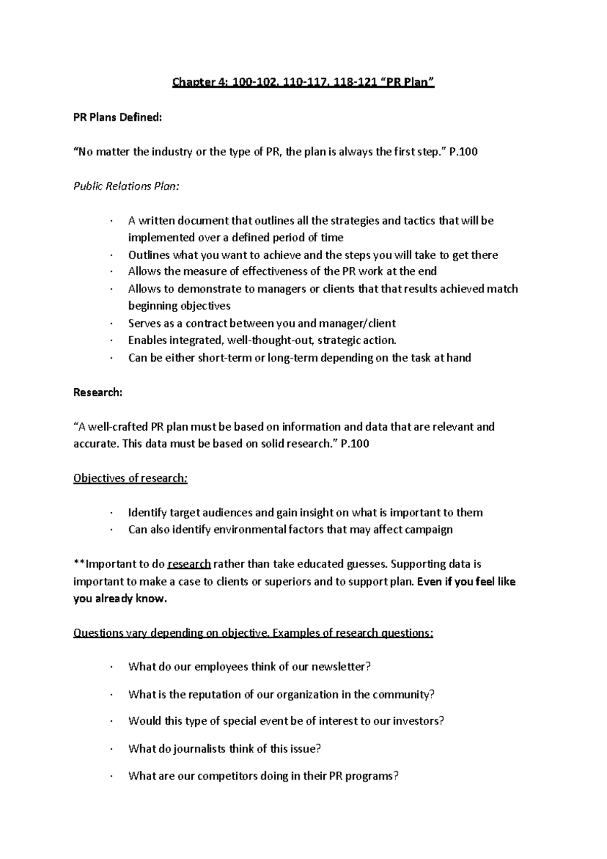 Ch. 4 - PR Plan - Public Relations exam study guide - detailed notes ...