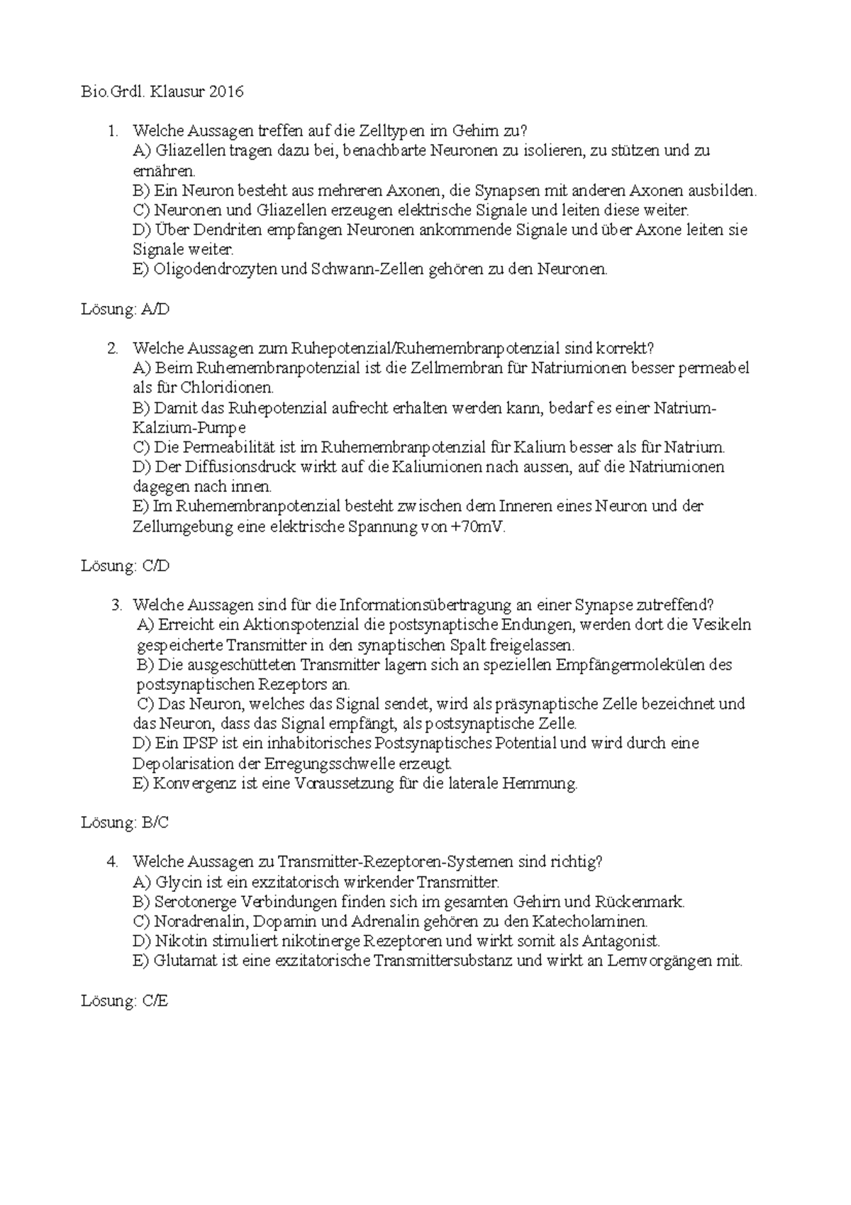 M 3b Bio Grundlagen Klausur 2016 mit Lsg - Bio. Klausur 2016 Welche ...