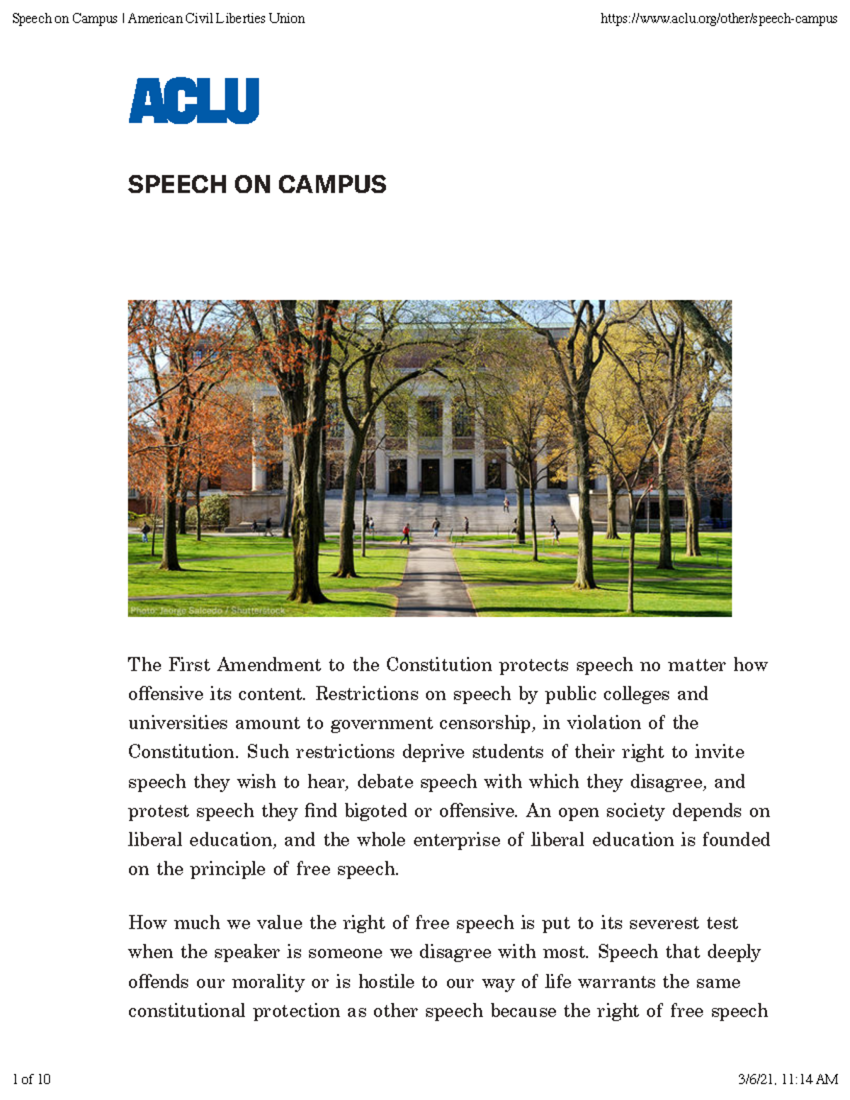 Aclu - resource - SPEECH ON CAMPUS The First Amendment to the ...