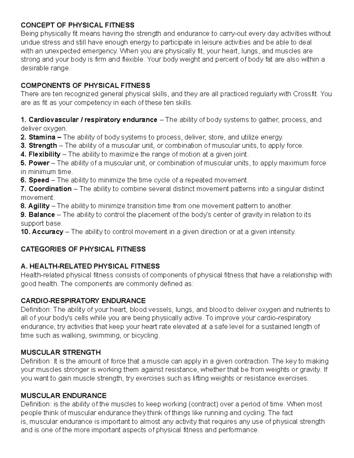 Components And Categories Of Physical Fitness Studocu