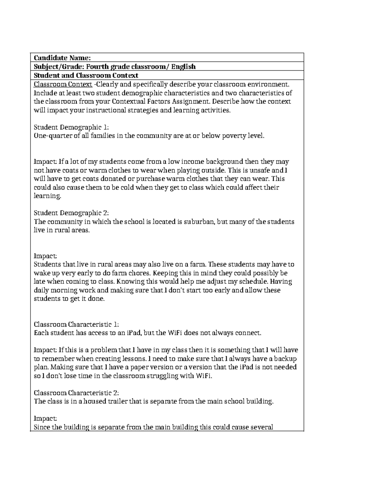 STEM Lesson Candidate Name Subject Grade Fourth Grade Classroom
