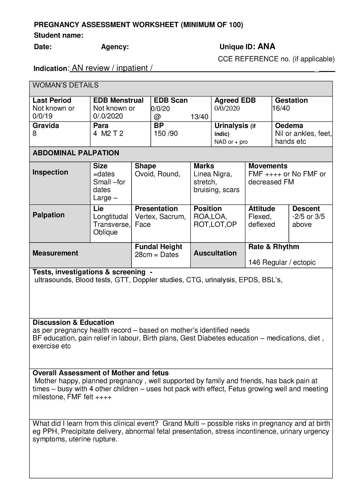 ANA Worksheet - iiiwwwww - PREGNANCY ASSESSMENT WORKSHEET (MINIMUM OF ...