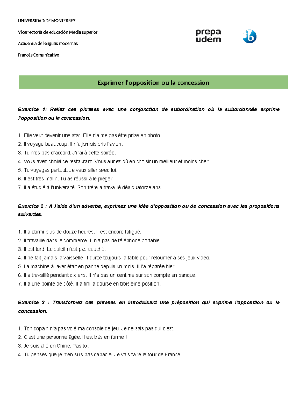 Exercice Fle Exprimer L’Opposition – UXGH