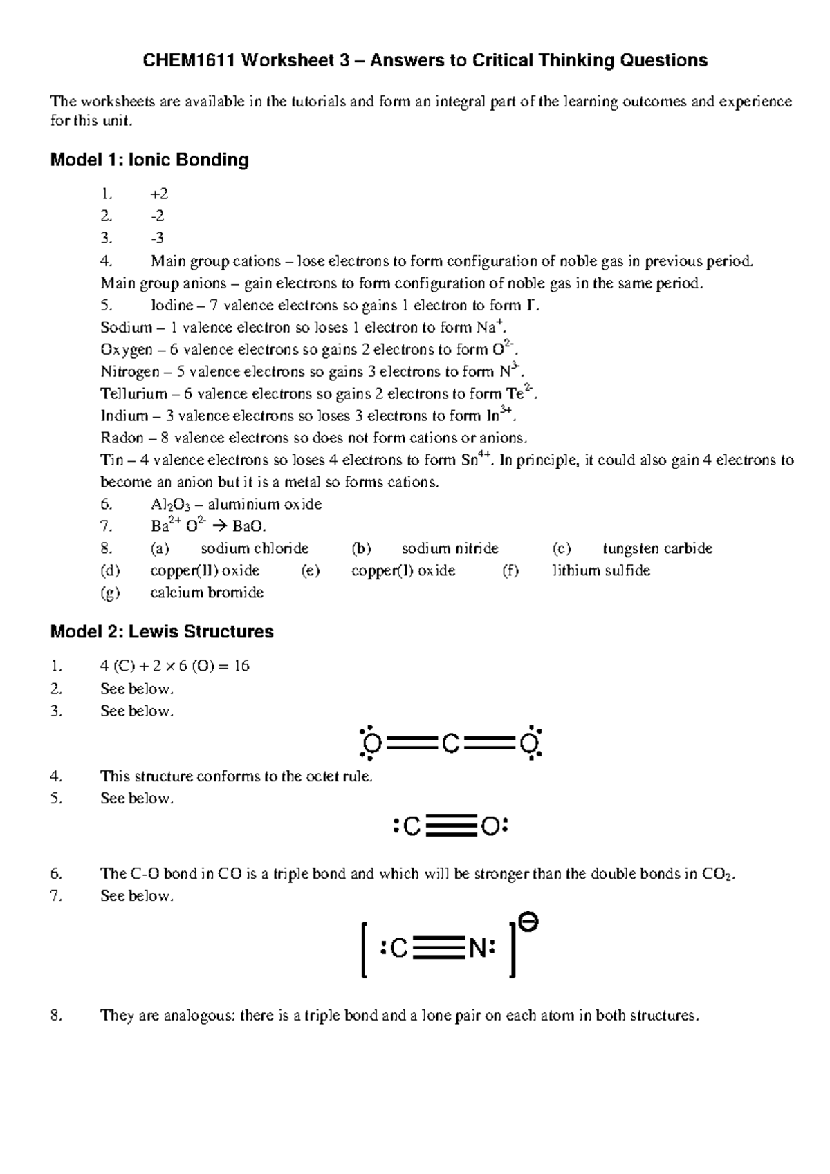 Chemistry A (Pharmacy) - Tutorial work - ws3 answers - CHEM1611 ...