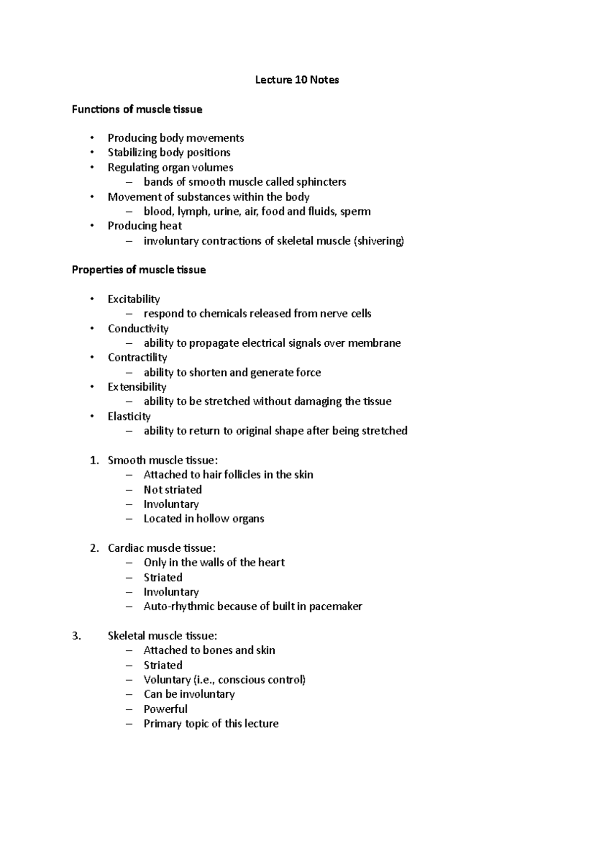 Lecture 10 Notes - Lecture 10 Notes Functions of muscle tissue ...