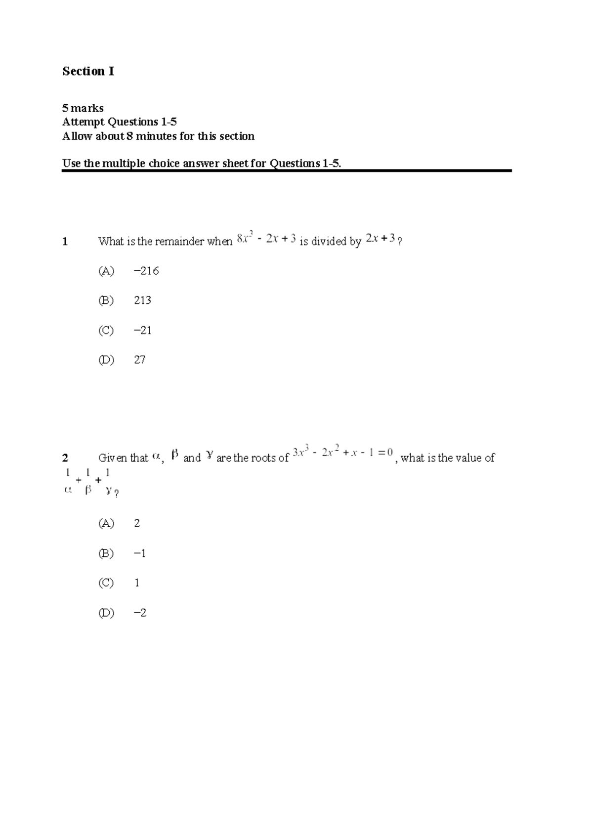Preliminary Mathematics Ext 1 Practise Exam 2022 FSHS - Section I 5 ...