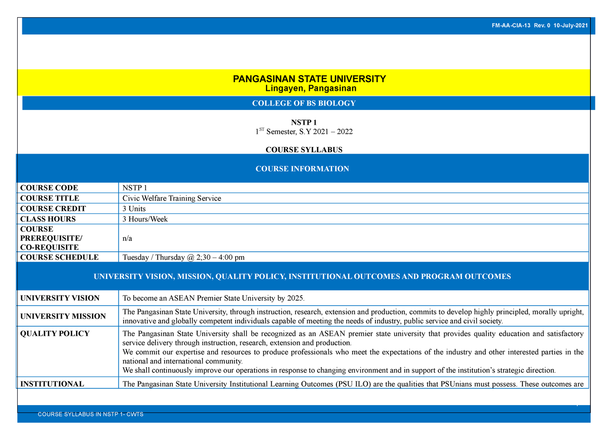 New Syllabus Nstp 1 Edited - COLLEGE OF BS BIOLOGY NSTP 1 1 ST Semester ...