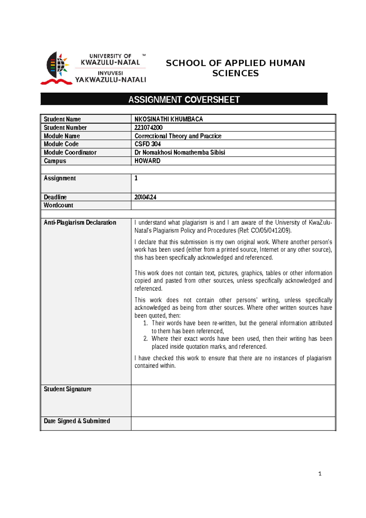 Assignment Cover Page 1 - SCHOOL OF APPLIED HUMAN SCIENCES ASSIGNMENT ...