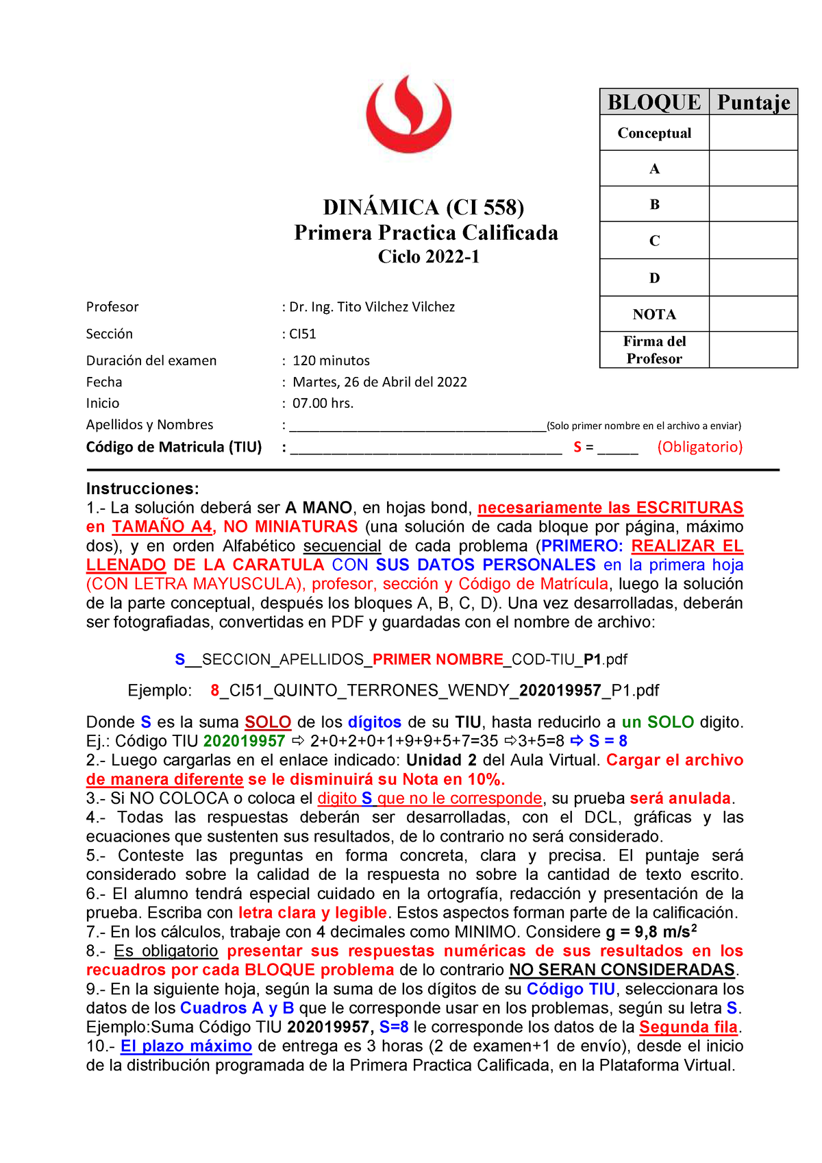 Pc1 Ci51 Dinamica Upc 2022 1 Ayuda DinÁmica Ci 5 58 Primera Practica Calificada Ciclo 2022 9858