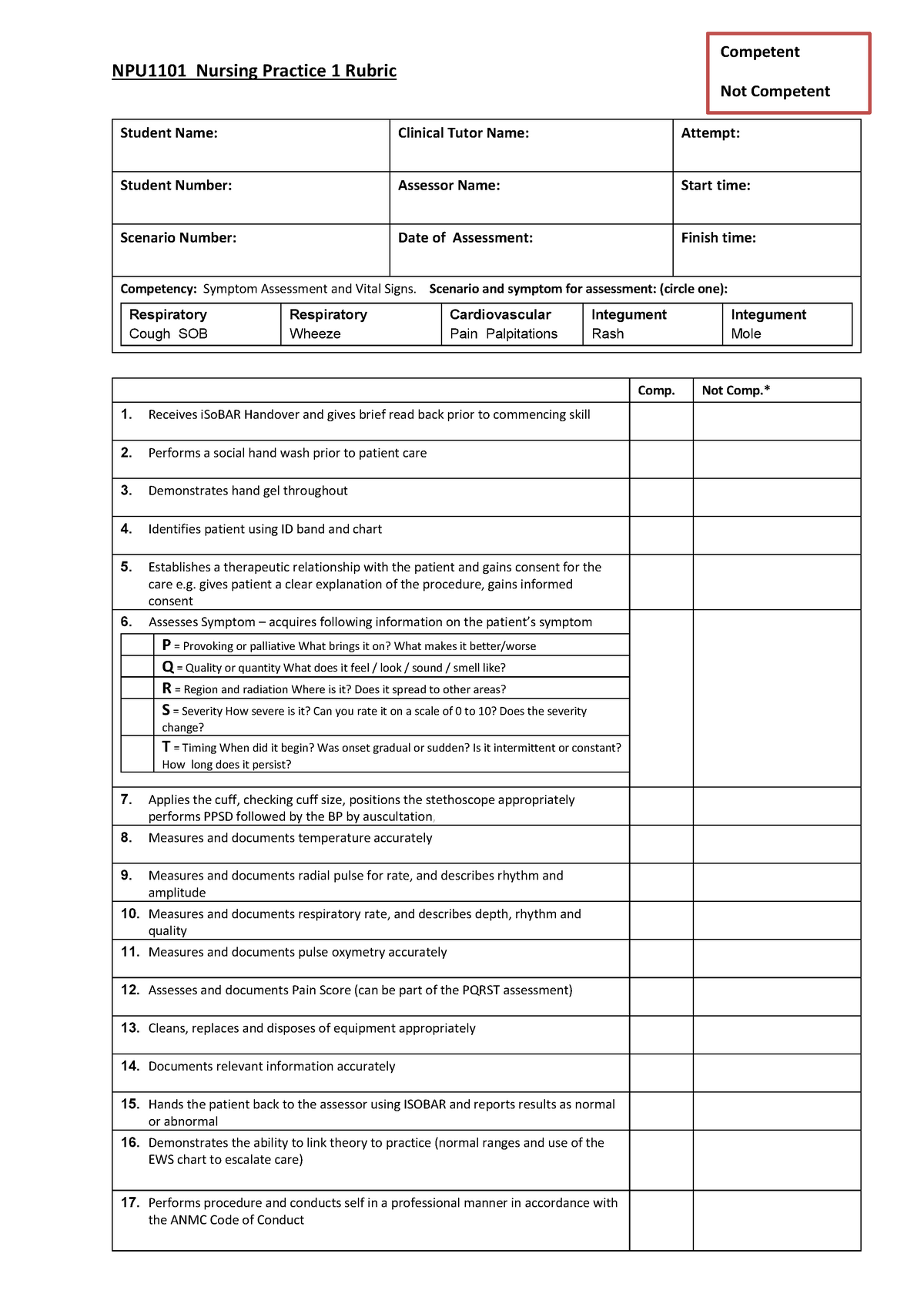 Rubric OSCE 2019-1 - Competent NPU1101 Nursing Practice 1 Rubric Not ...