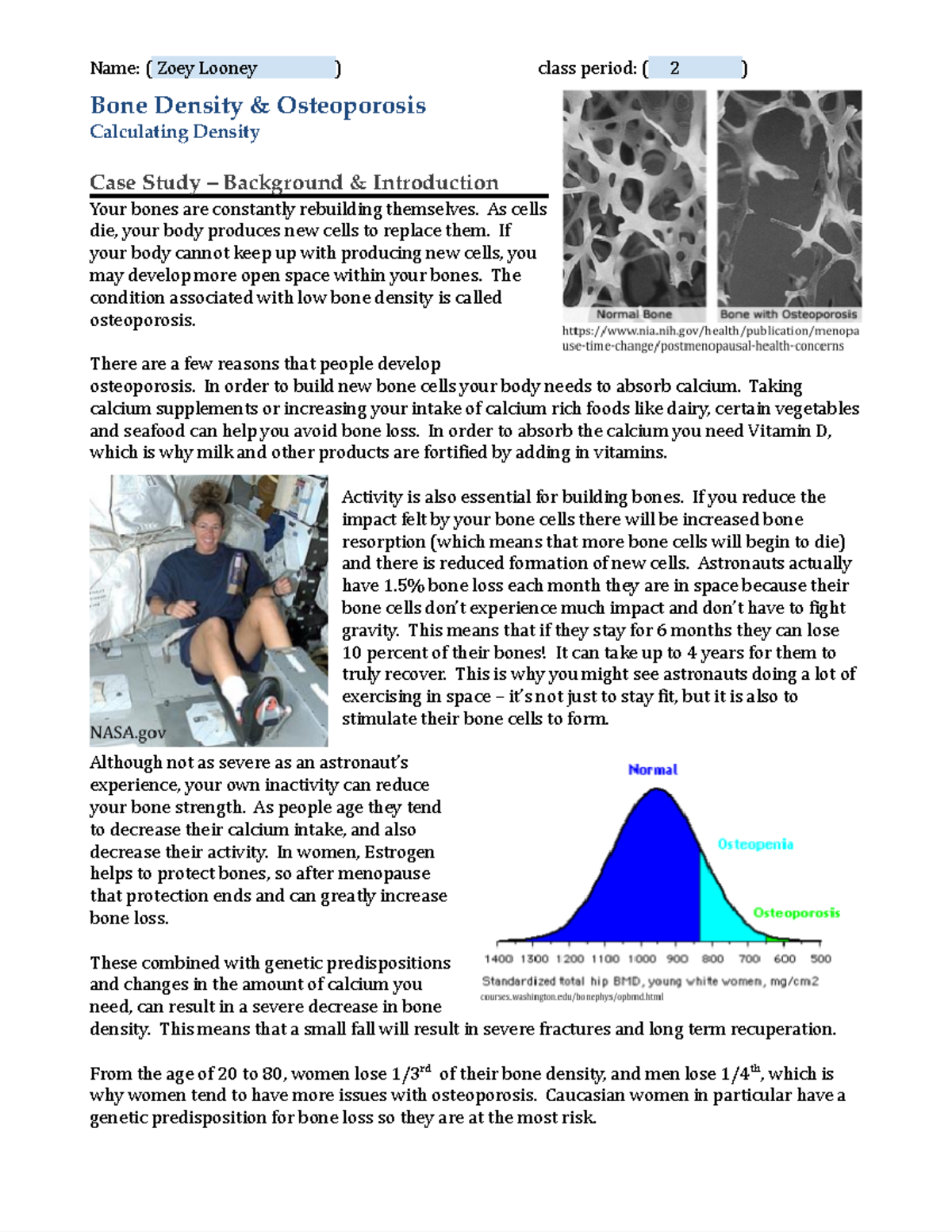 Bone Density & Osteoporosis - calculating density - Google Docs - Name: (  Zoey Looney ) class - Studocu