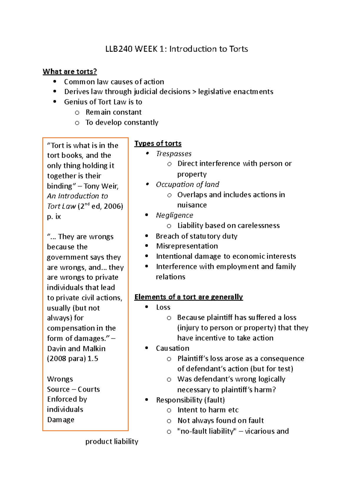 Week 1 Notes - LLB240 WEEK 1: Introduction to Torts What are torts ...