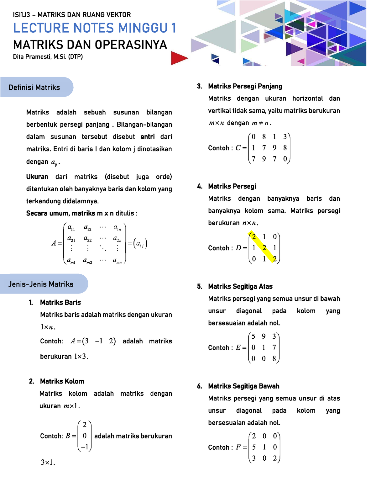 Lecture Notes - Minggu 1 (Matriks Dan Operasinya) - Matriks Dan Ruang ...