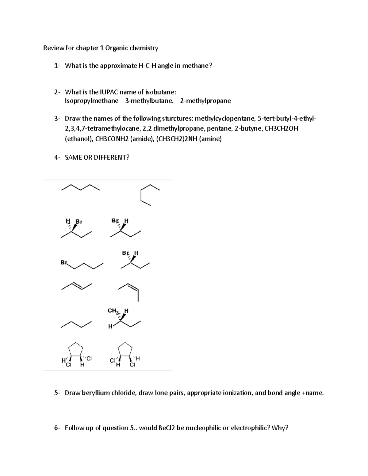 Chem Test One Review Review For Chapter Organic Chemistry What Is The Approximate H C H