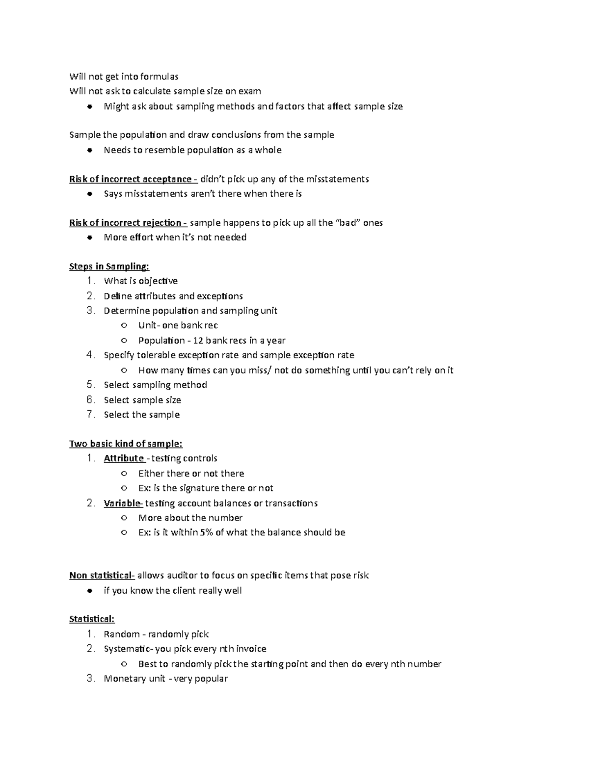 11.6.21 - Sampling - Auditing Notes - Will Not Get Into Formulas Will 