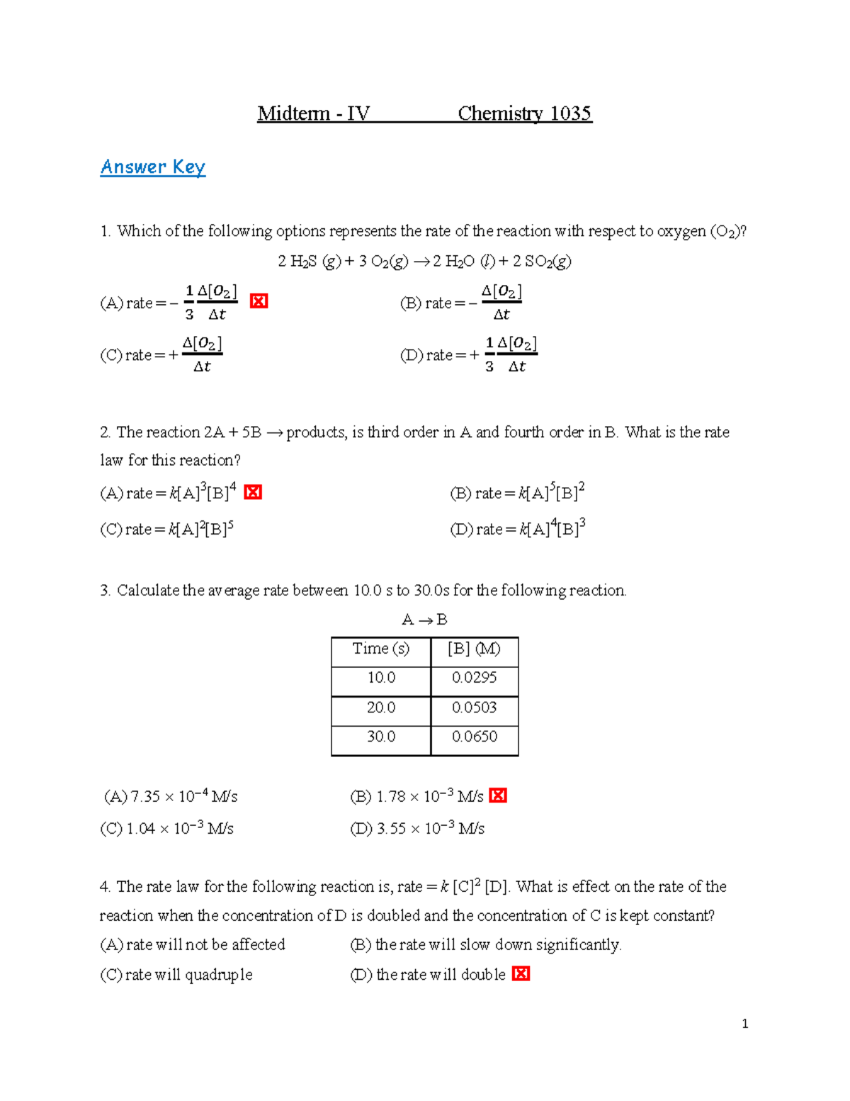 Chem-1035 Midterm-4 Answer Key - Midterm - IV Chemistry 1035 Answer Key ...