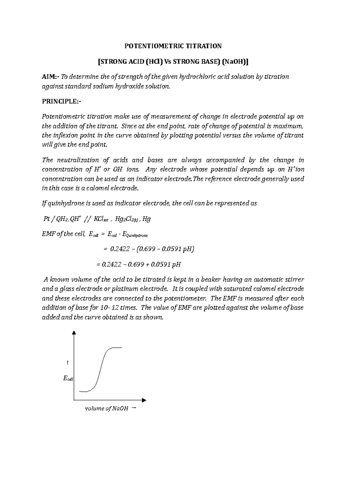 EXP 7 Potentiometric Titration POTENTIOMETRIC TITRATION [STRONG ACID