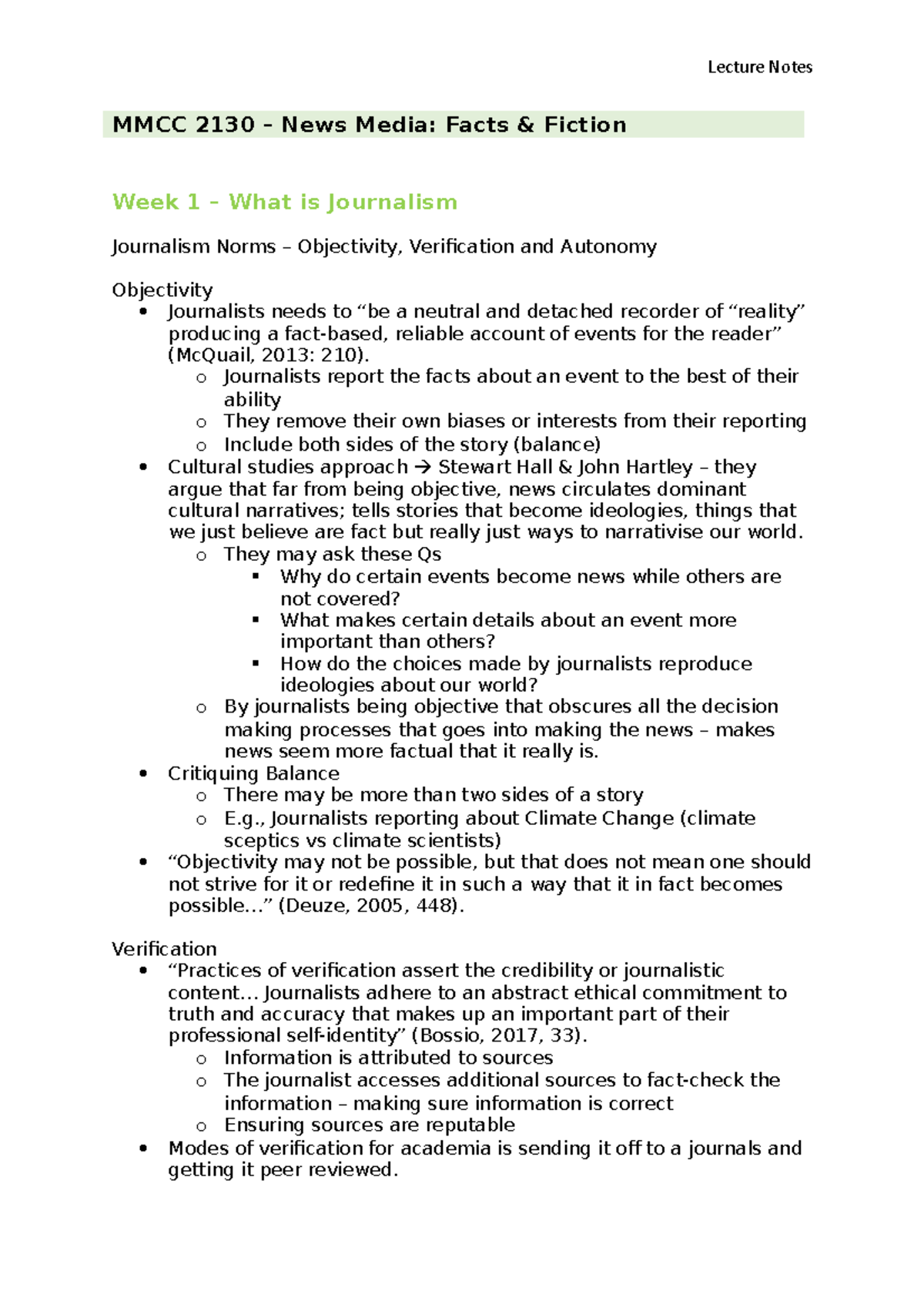 Lecture Notes Lecture Notes MMCC 2130 News Media Facts & Fiction